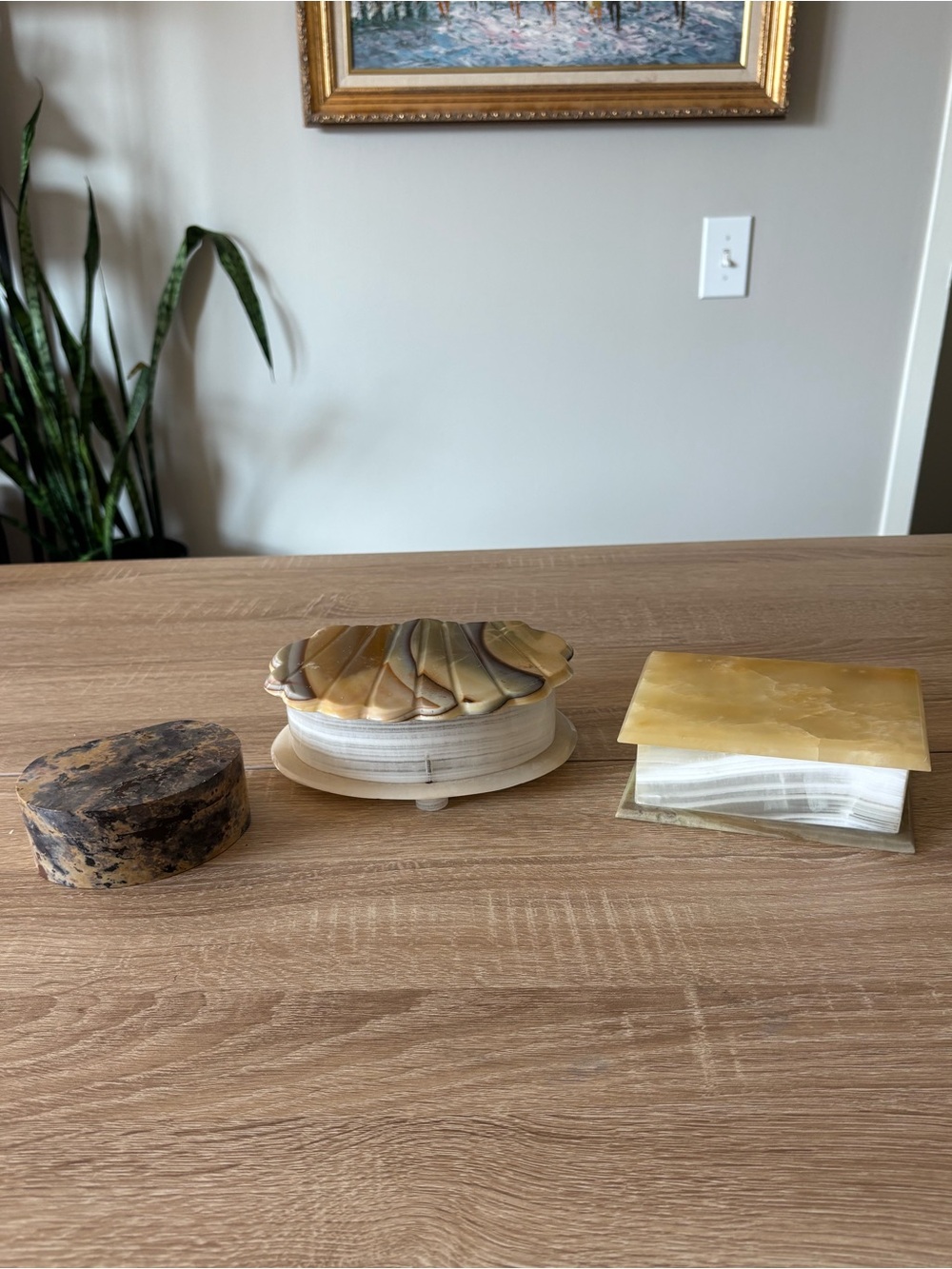 Vintage Set of 3 Decorative Stone Trinket Boxes - Onyx Yellow, Cream, Brown